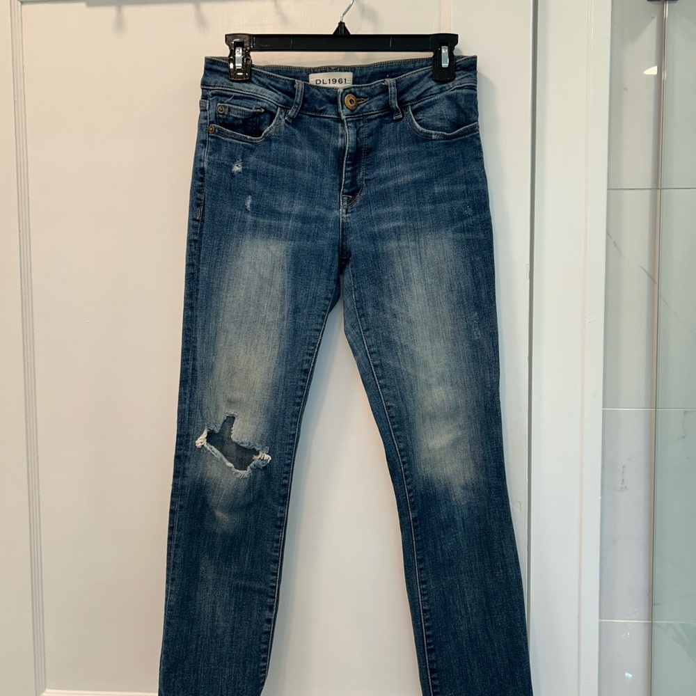 DL1961 Blue Straight Leg Jeans with Distressed Details